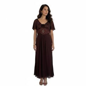 Sue Wong 100% Silk Beaded Midi Dress Gown Brown Embroidered Size 10 Vintage Y2K